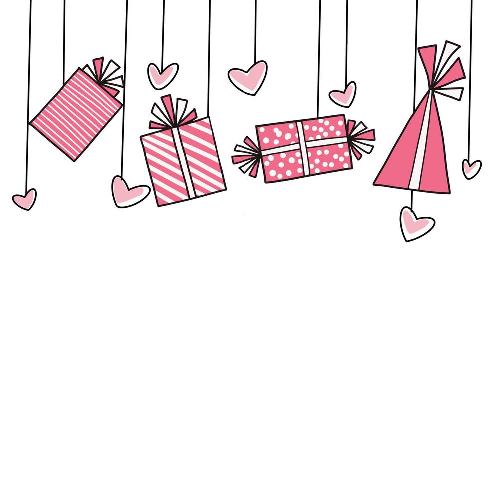 geschenk doos en hangende hart. gelukkig valentijnsdag dag kaart met hangende liefde valentijnsdag hart vector illustratie achtergrond.