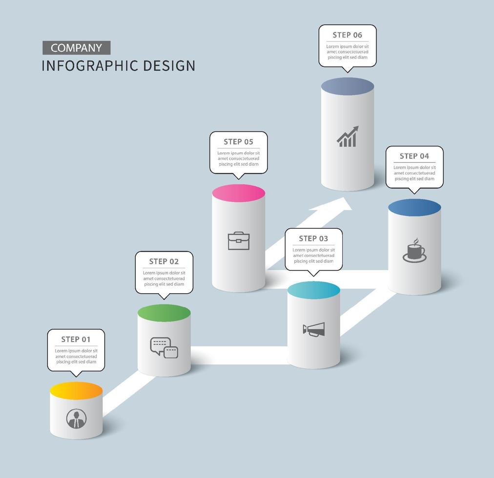 infographics cilinder tijdlijn naar succes bedrijf met 6 aantal gegevens sjabloon. vector illustratie abstract achtergrond.