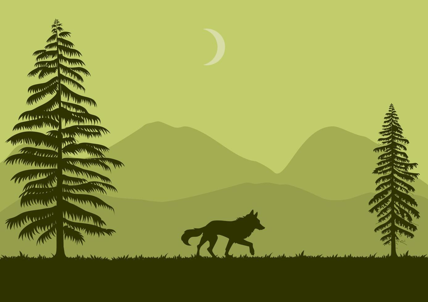 landschap met groen silhouet wolf vector illustratie