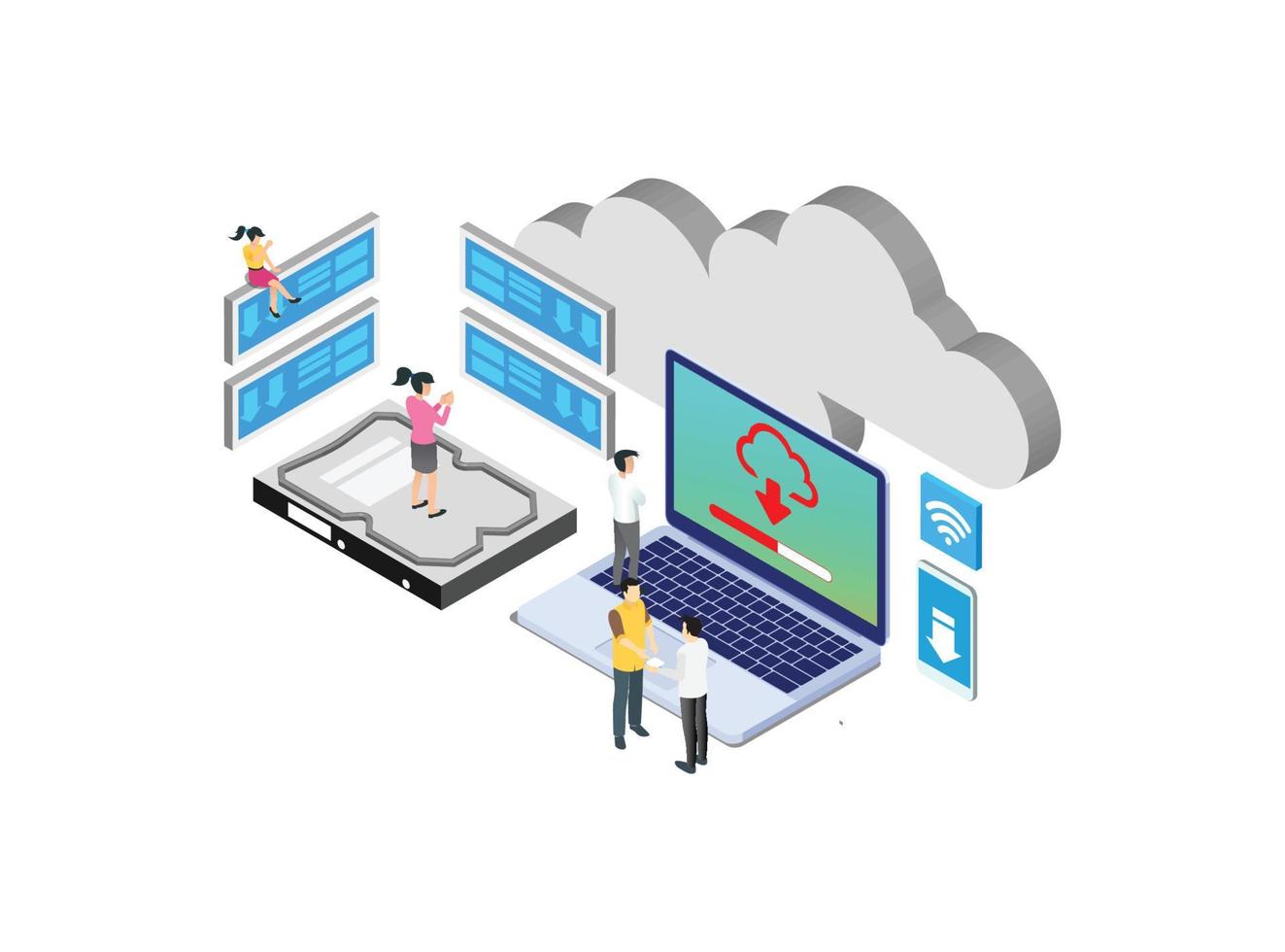 internet datacenter verbinding, beheerder van web hosting concept. karakter en tekst voor Diensten. tech reparatie centrum hardware software databank voor veilig server. vlak isometrische vector illustratie