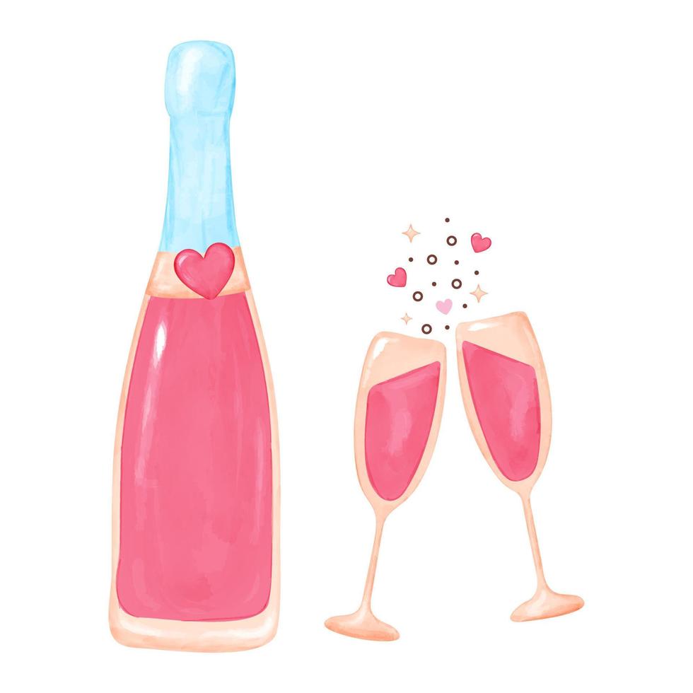 vector illustratie van Champagne fles en bril. roze Champagne en twee bril gevulde met bruisend drinken voor kaart, banier of poster ontwerp.