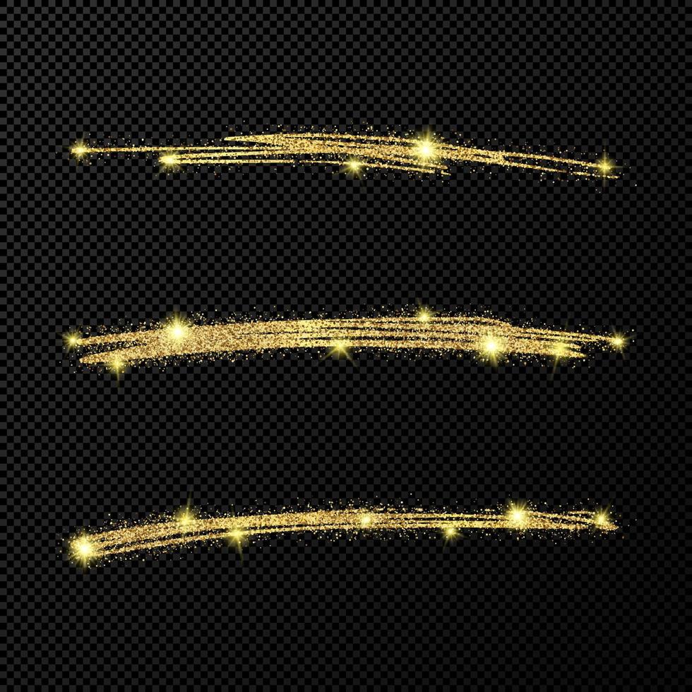 abstract glimmend confetti glinsterende golven. reeks van drie hand- getrokken borstel gouden beroertes Aan zwart transparant achtergrond. vector illustratie