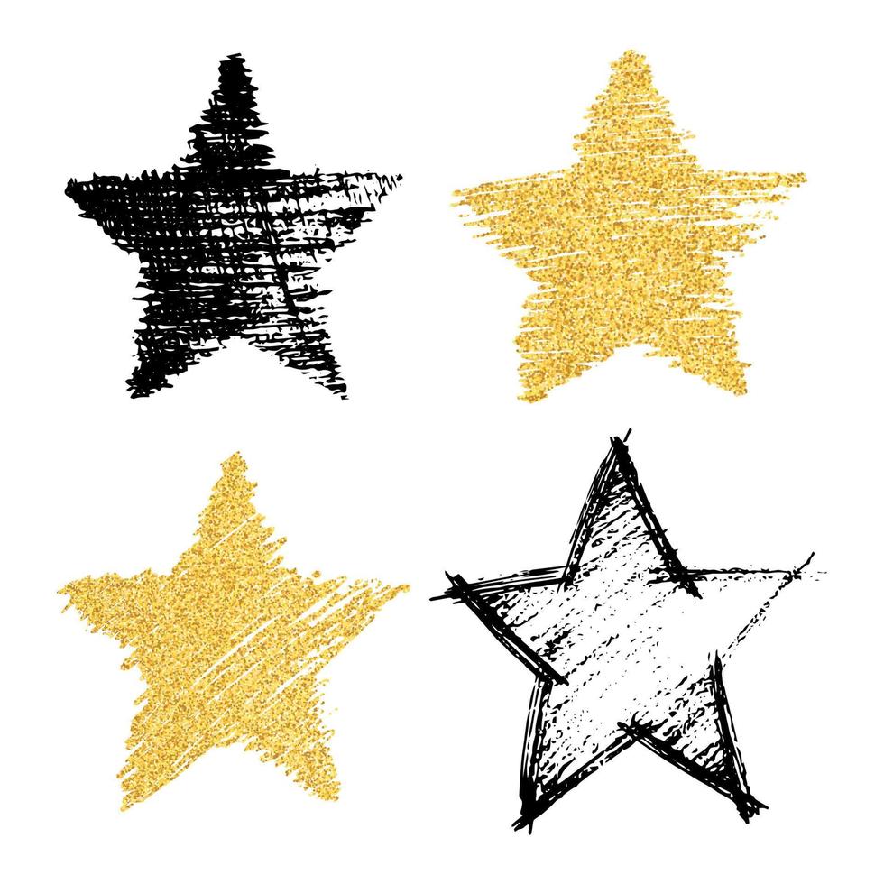 reeks van vier hand- getrokken ster zwart en met goud schitteren effect. ruw ster vorm in tekening stijl met goud schitteren effect Aan wit achtergrond. vector illustratie