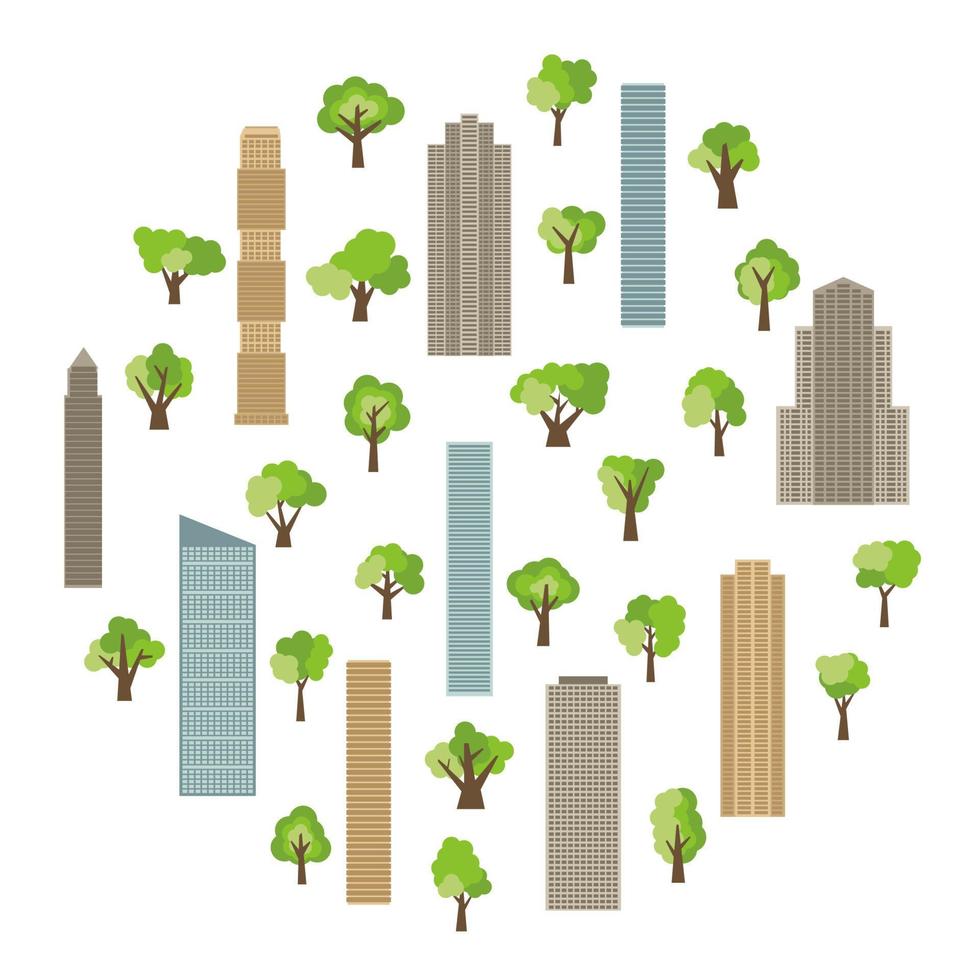 modern gebouwen en wolkenkrabbers met groen bomen in cirkel. vector illustratie