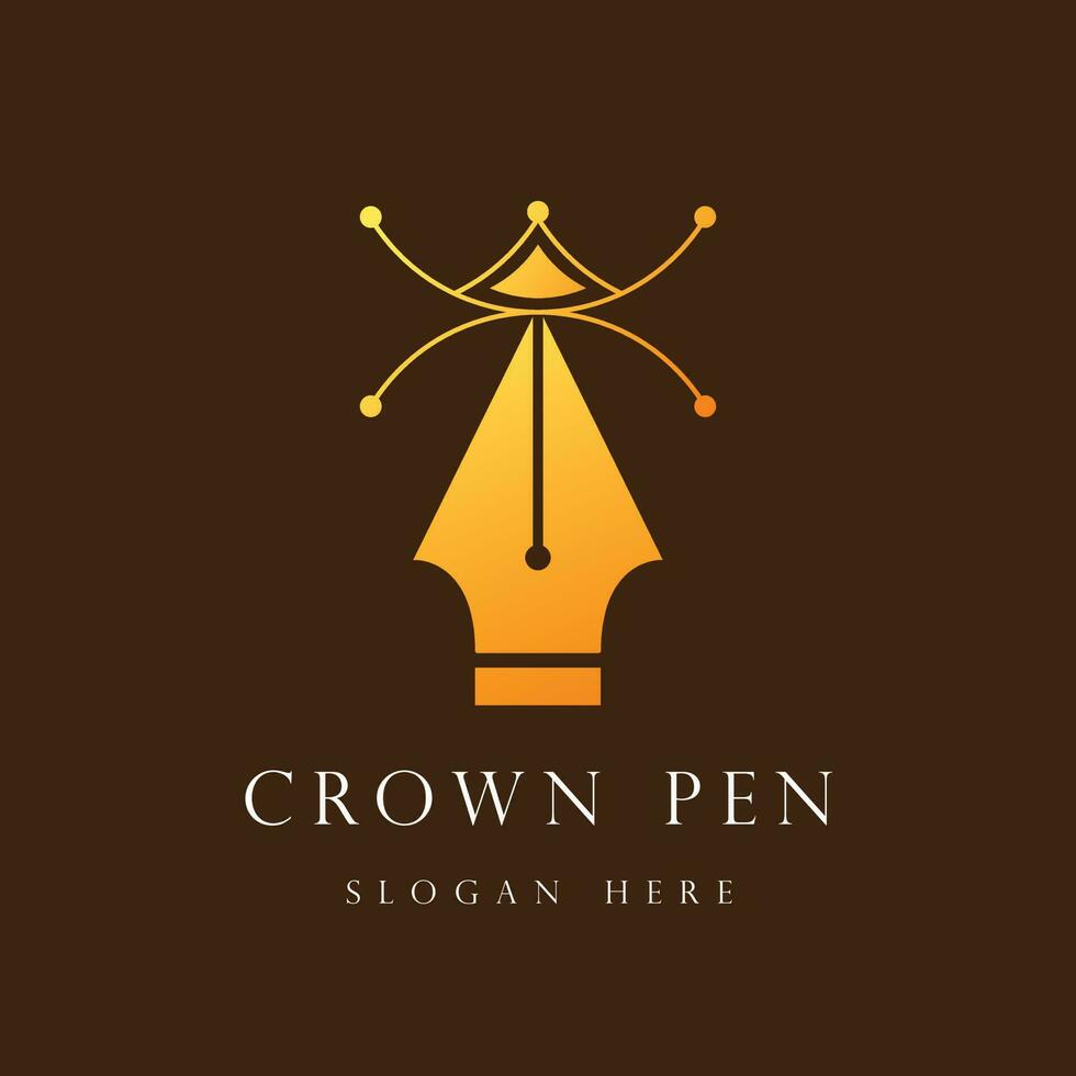 creatief koning pen logo. luxe minimalistische logo ontwerp. geïsoleerd bruin achtergrond vector