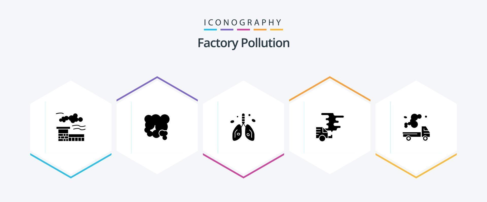 fabriek verontreiniging 25 glyph icoon pak inclusief auto. gas. kanker. uitstoot. auto- vector