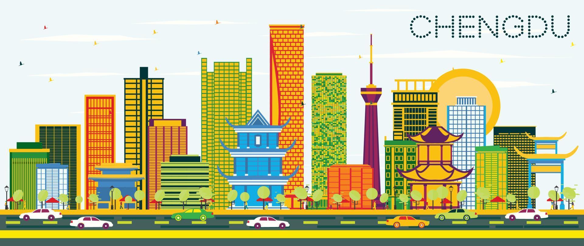 Chengdu China horizon met kleur gebouwen en blauw lucht. vector