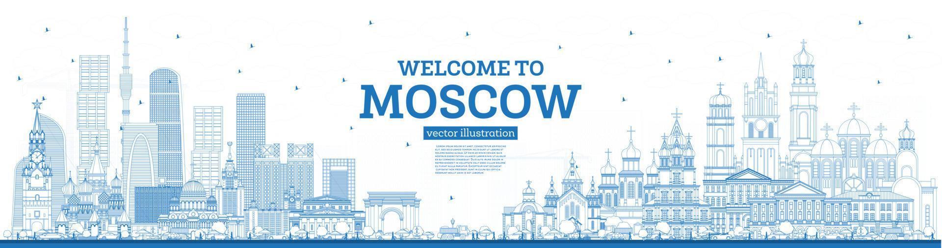 schets Welkom naar Moskou Rusland horizon met blauw gebouwen. vector