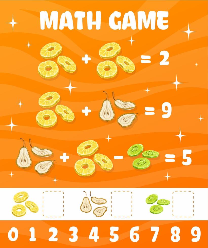 Peer, kiwi en ananas droog fruit wiskunde spel vector