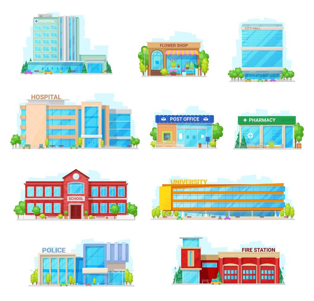 reclame en gemeentelijk stad gebouwen pictogrammen vector
