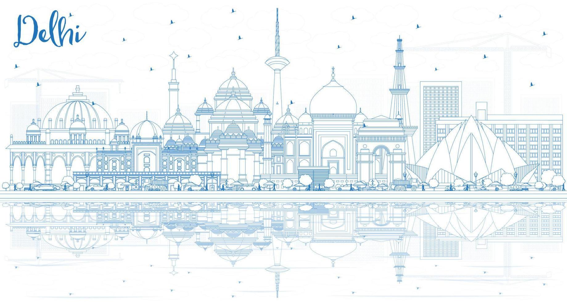 schets Delhi Indië stad horizon met blauw gebouwen en reflecties. vector
