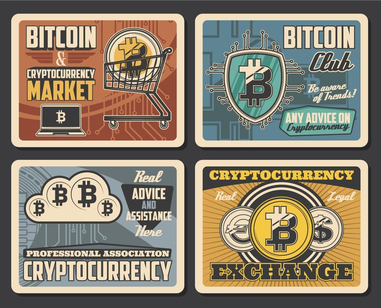 bitcoin mijnbouw club, cryptogeld markt posters vector