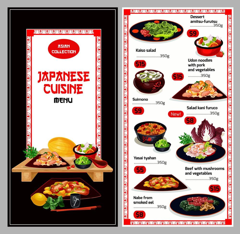 Japans keuken suhsi en noodle bento schotel menu vector