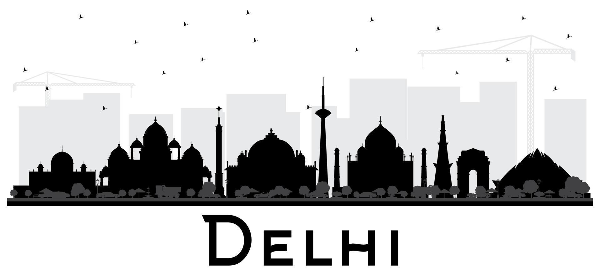 Delhi Indië stad horizon zwart en wit silhouet. vector