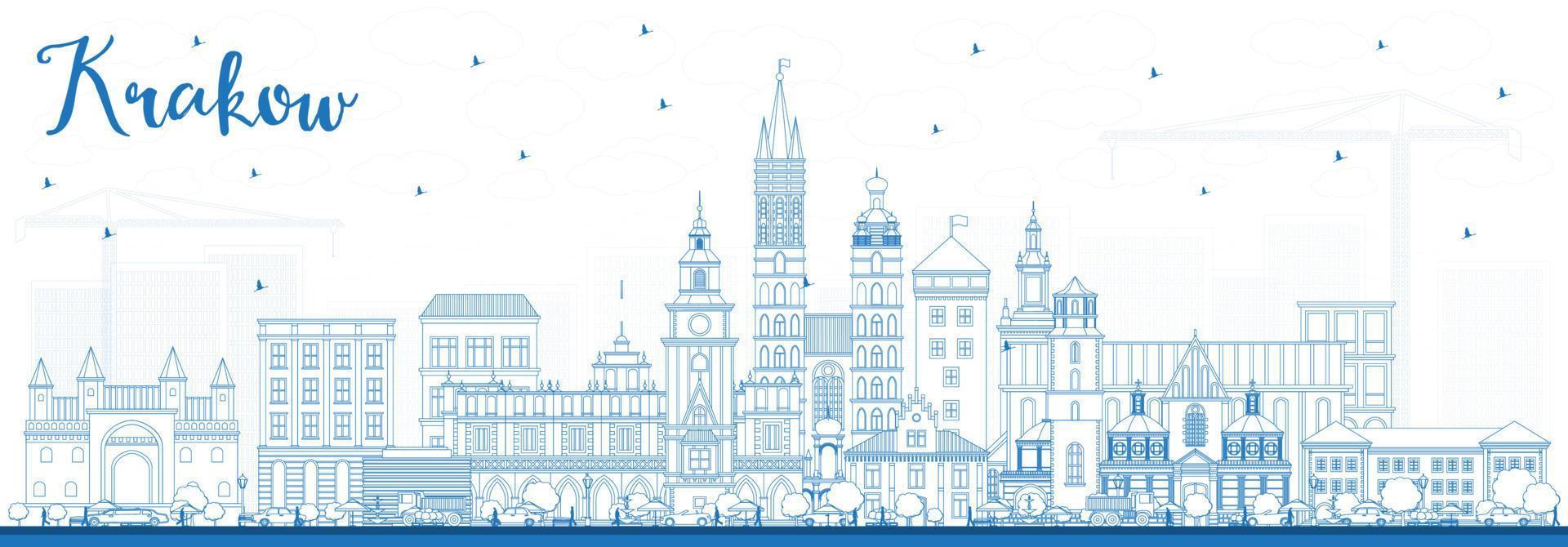 schets Krakau Polen stad horizon met blauw gebouwen. vector