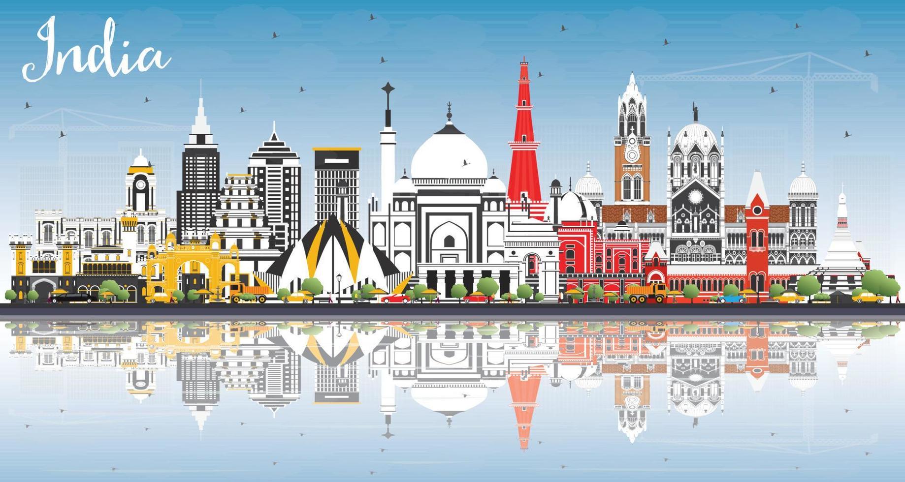 Indië stad horizon met kleur gebouwen, blauw lucht en reflecties. vector