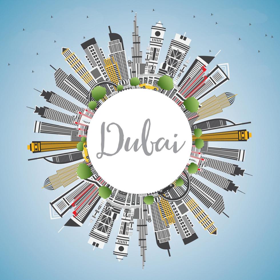 Dubai uae stad horizon met grijs gebouwen, blauw lucht en kopiëren ruimte. vector