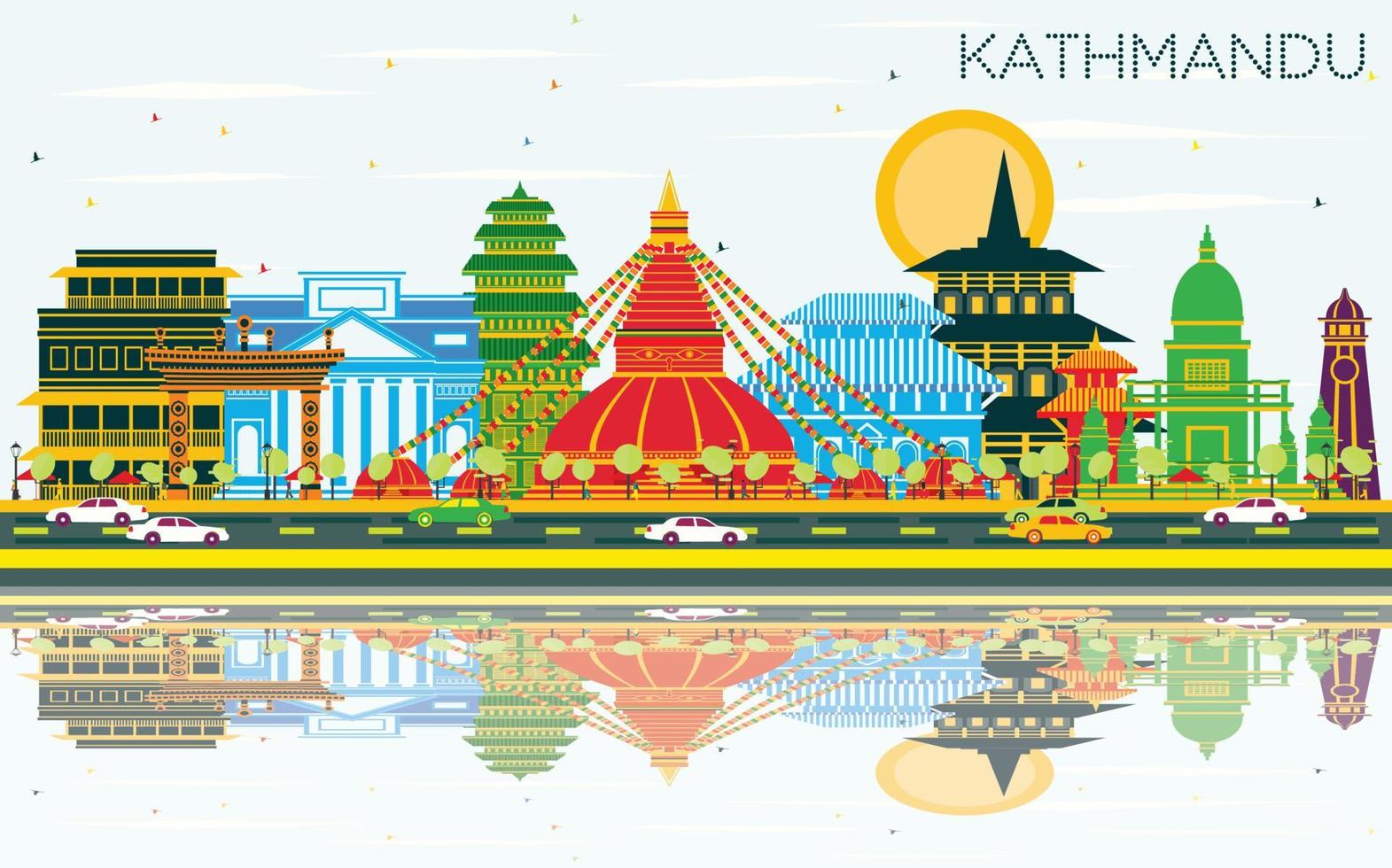 Kathmandu Nepal stad horizon met kleur gebouwen, blauw lucht en reflecties. vector