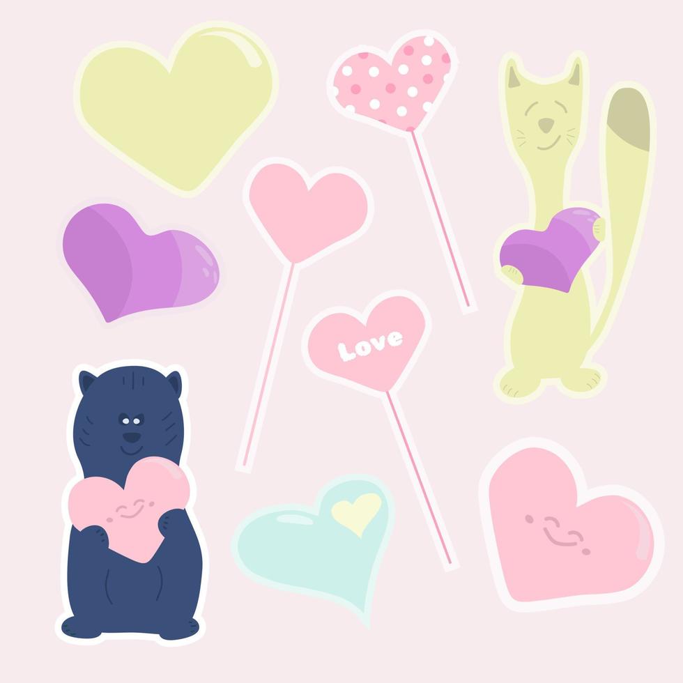 reeks van liefde-thema stickers Aan een roze achtergrond in vector. harten, toppers, een kat en een beer met harten vector