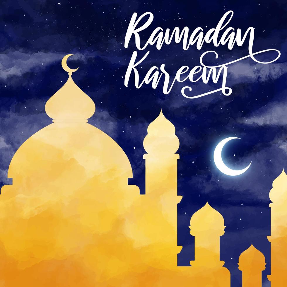 mooi gouden moskee waterverf vector illustratie met een halve maan in een nacht lucht. hand getekend Islamitisch viering achtergrond. Ramadan folder sjabloon