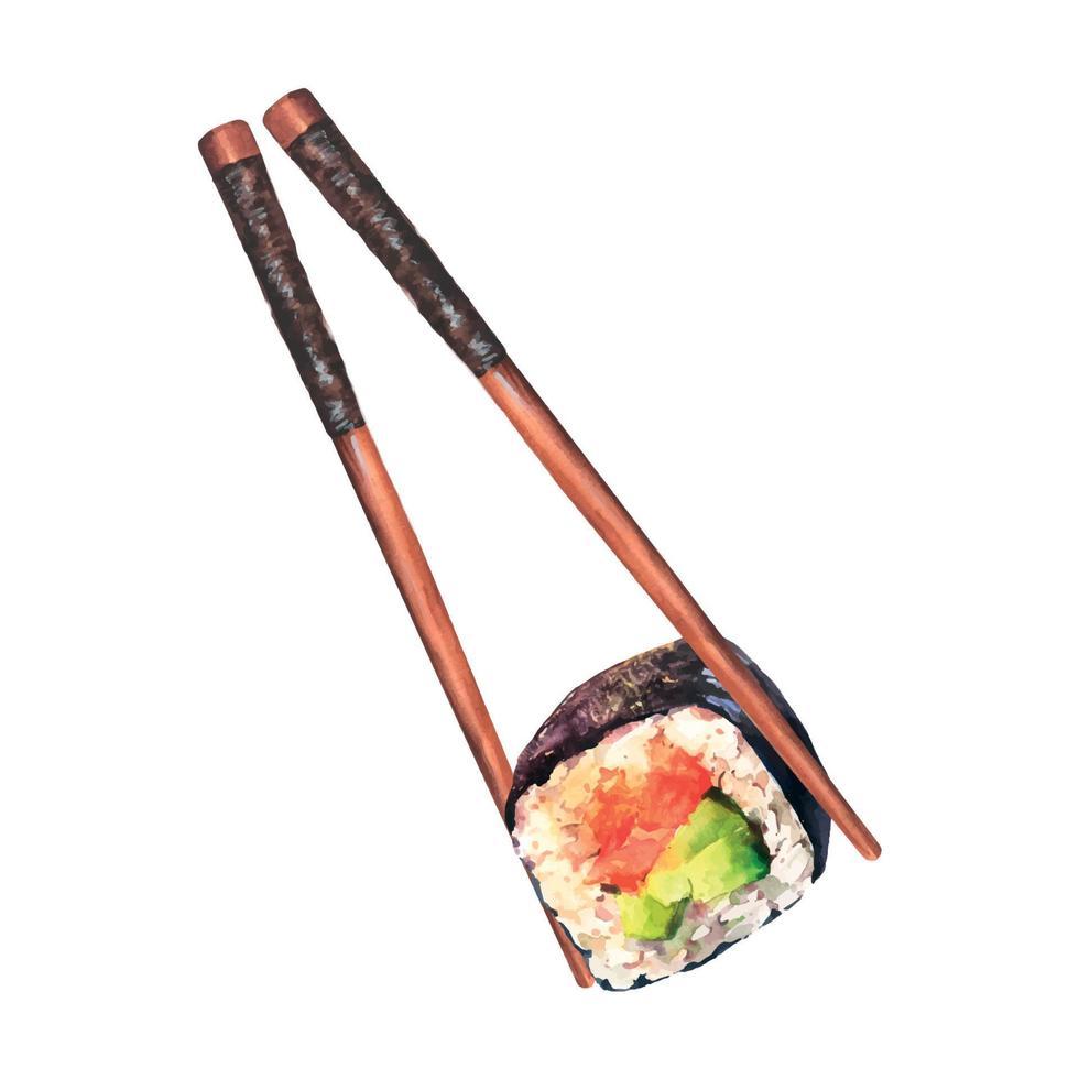 sushi rollen dompelen in de soja saus, aan het eten sushi illustratie geïsoleerd. voedsel ontwerp. vector