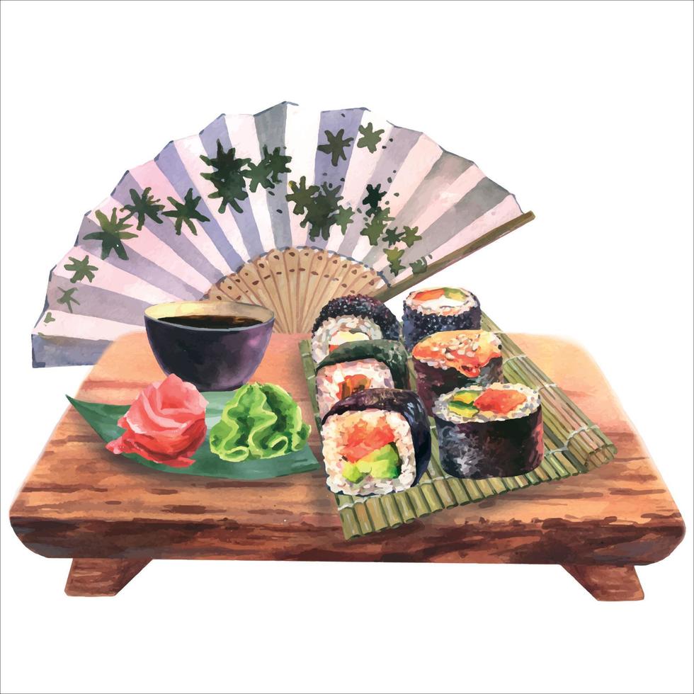 waterverf illustratie van een reeks van sushi Aan een bord, gember, wasabi, soja saus, eetstokjes en japanise ventilator Aan een houten bord, geïsoleerd Aan een wit achtergrond. vector