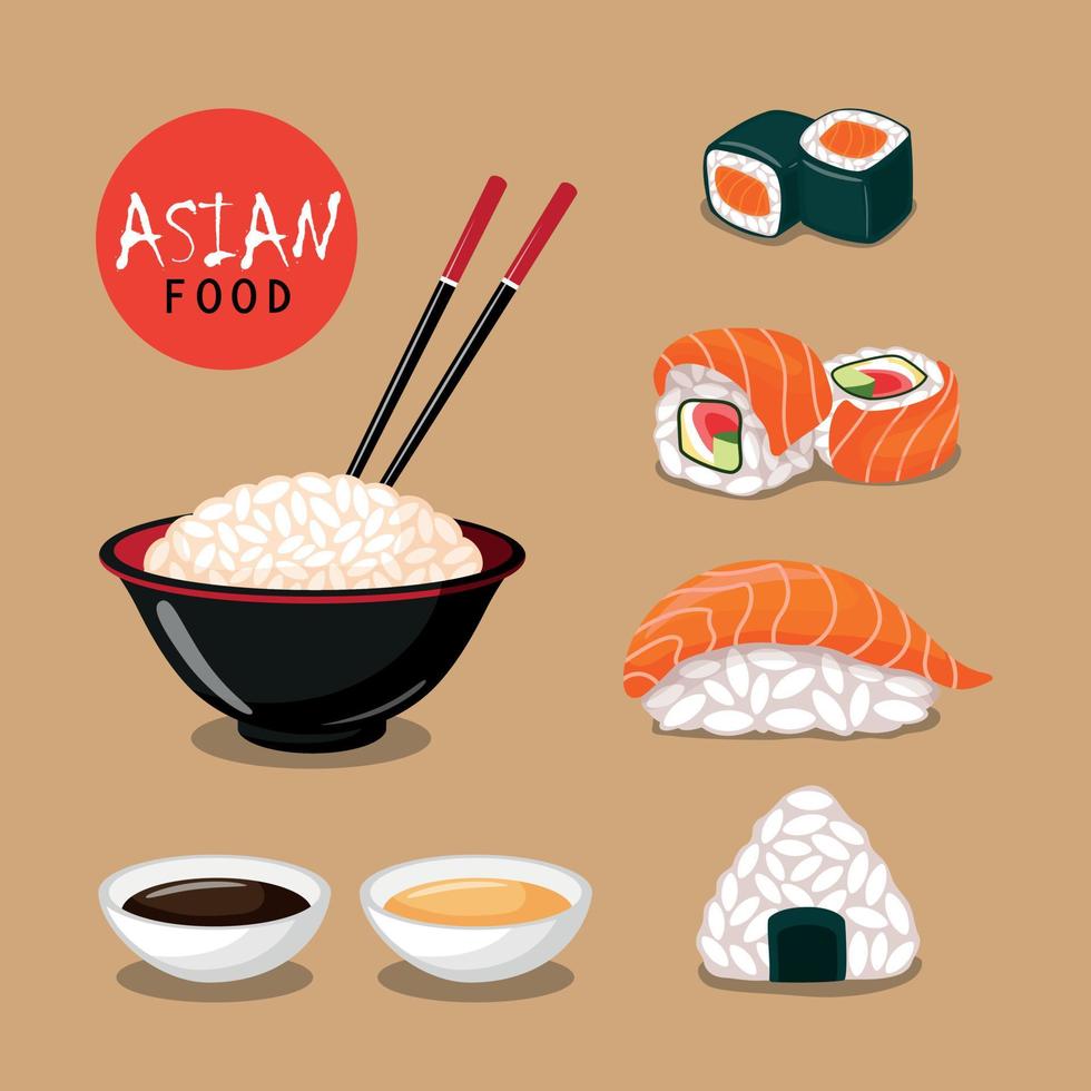 Aziatisch eten. een kop van wit rijst- en verschillend types van sushi. traditioneel Japans keuken. vector