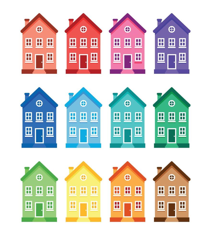 12 gemakkelijk gekleurde huizen Aan een wit achtergrond. gebouw rood huis, geel en, groente, blauw en Purper gebouw, oranje, bruin, turkoois. aan het leren verschillend kleuren. kleur wiel, palet vector