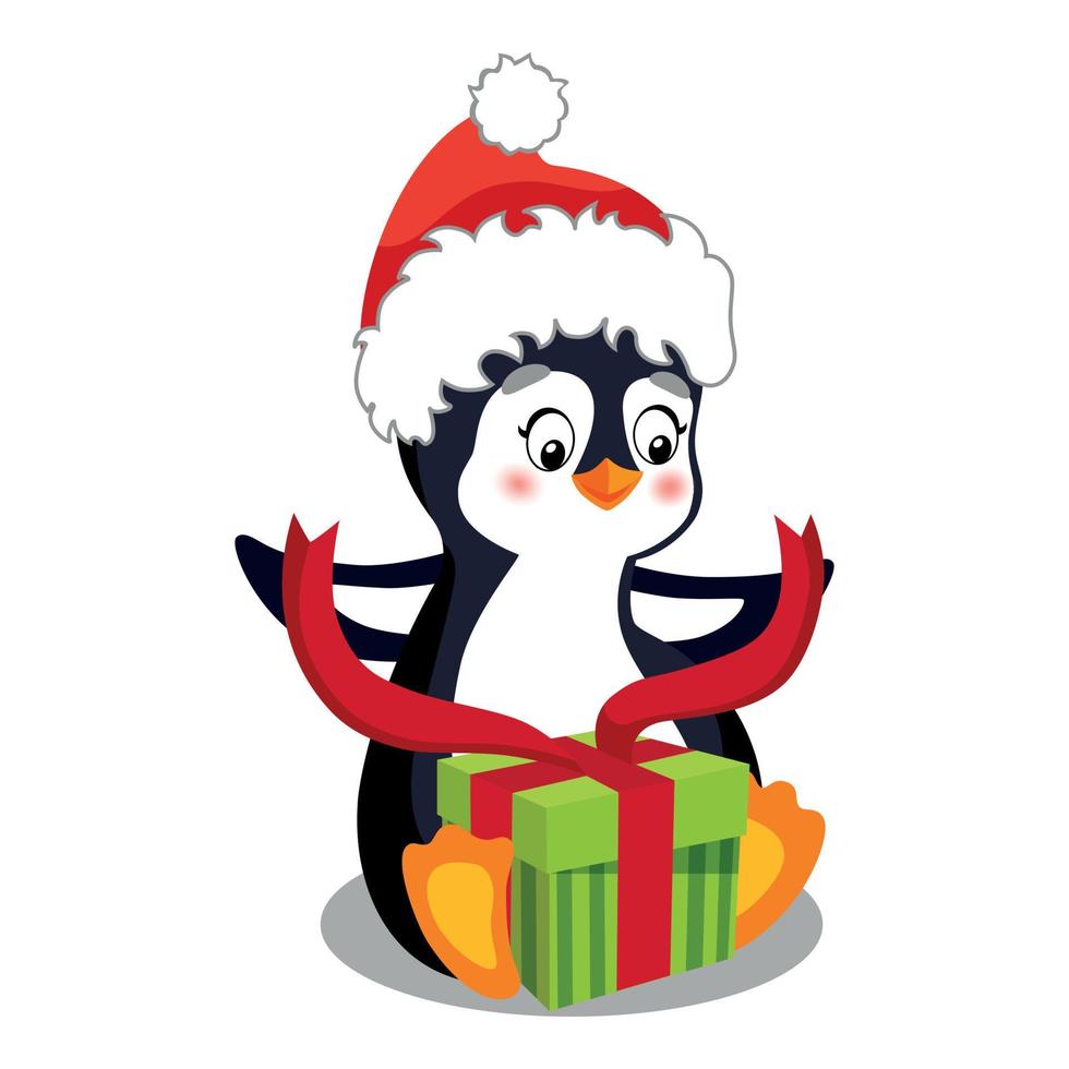 nieuw jaar illustratie, winter set. een schattig weinig pinguïn in een de kerstman hoed pakt uit een geschenk met een rood lintje. karakter Aan wit achtergrond, geïsoleerd voorwerp. een serie van schattig dieren voor kinderen vector