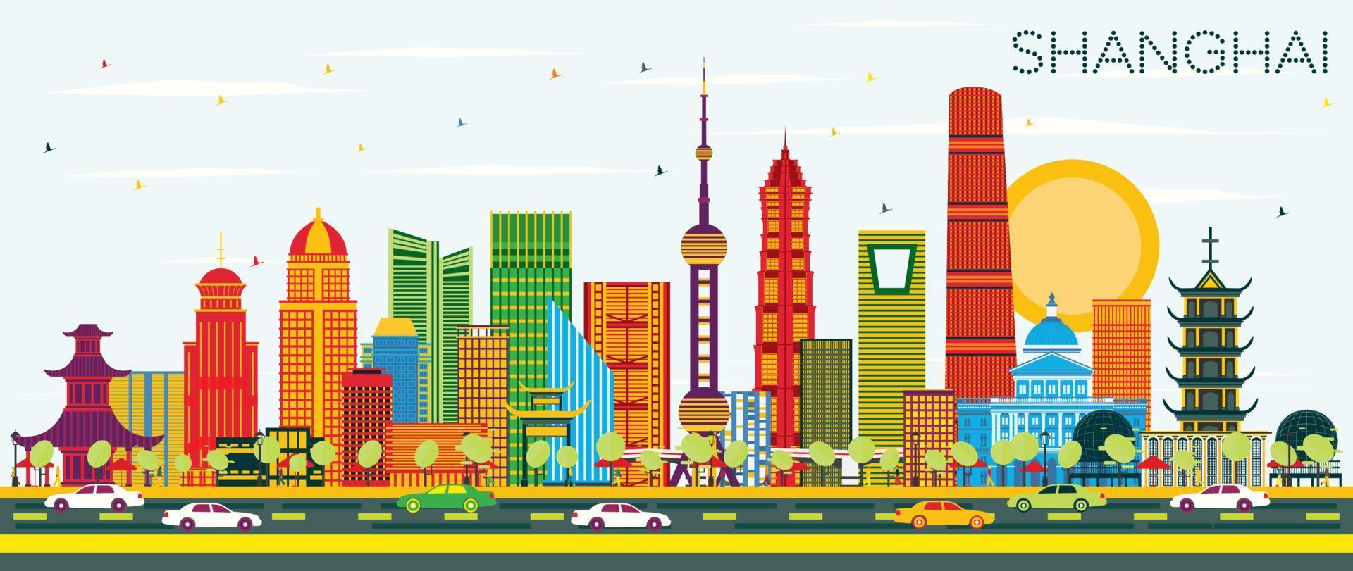 Shanghai China stad horizon met kleur gebouwen en blauw lucht. vector