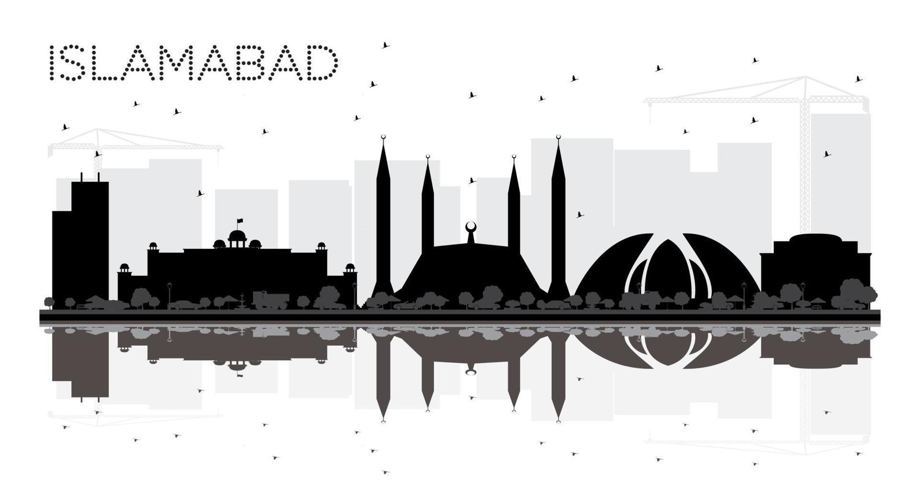 islamabad Pakistan stad horizon zwart en wit silhouet met reflecties. vector