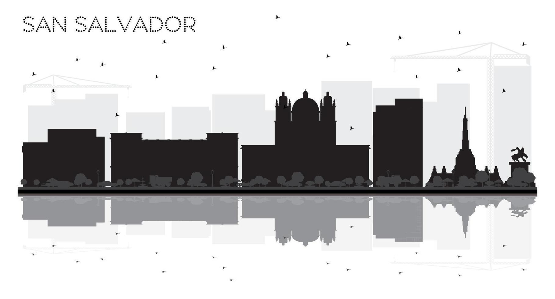 san Salvador stad horizon zwart en wit silhouet met reflecties. vector