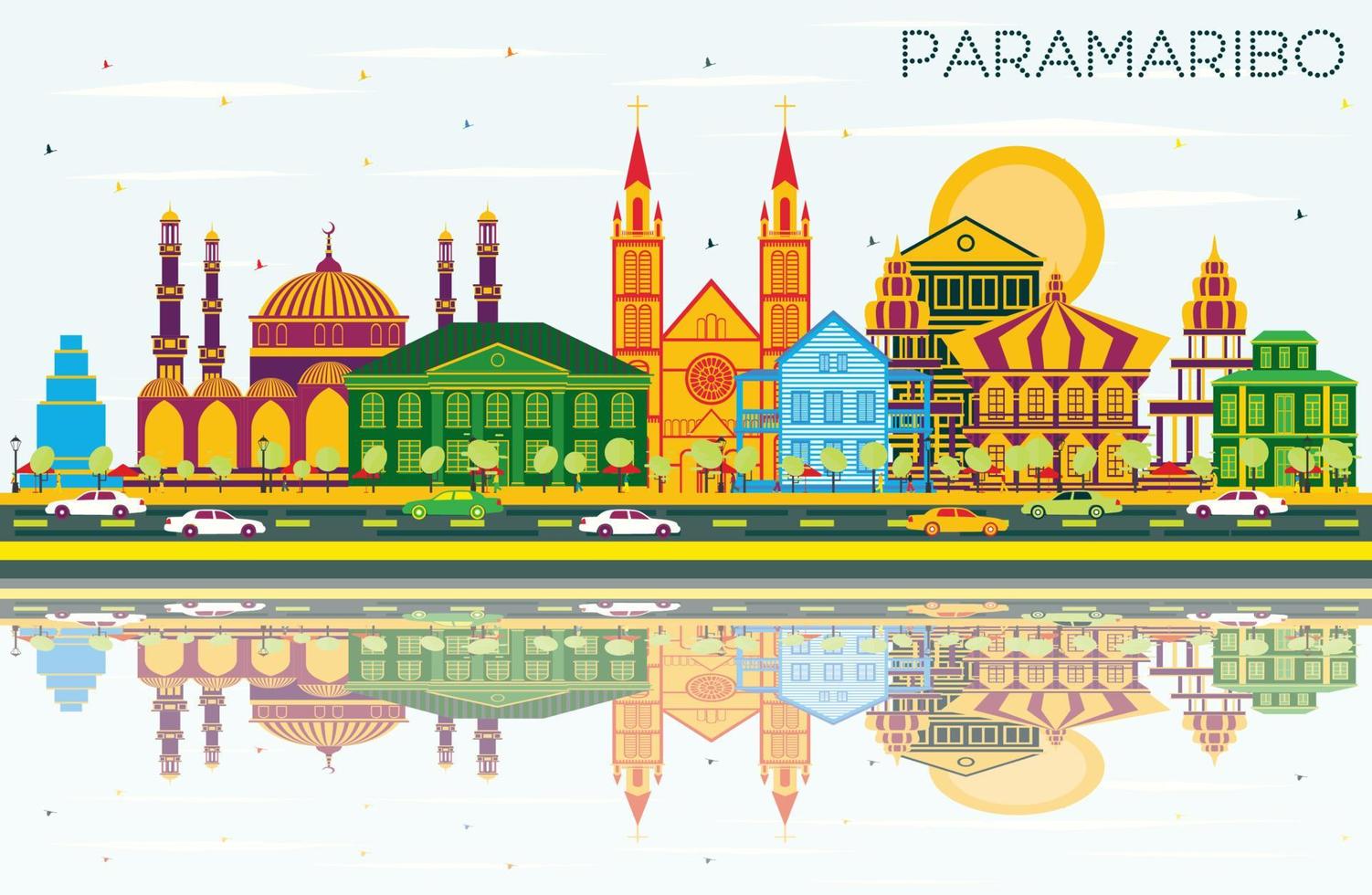 paramaribo Suriname stad horizon met kleur gebouwen, blauw lucht en reflecties. vector
