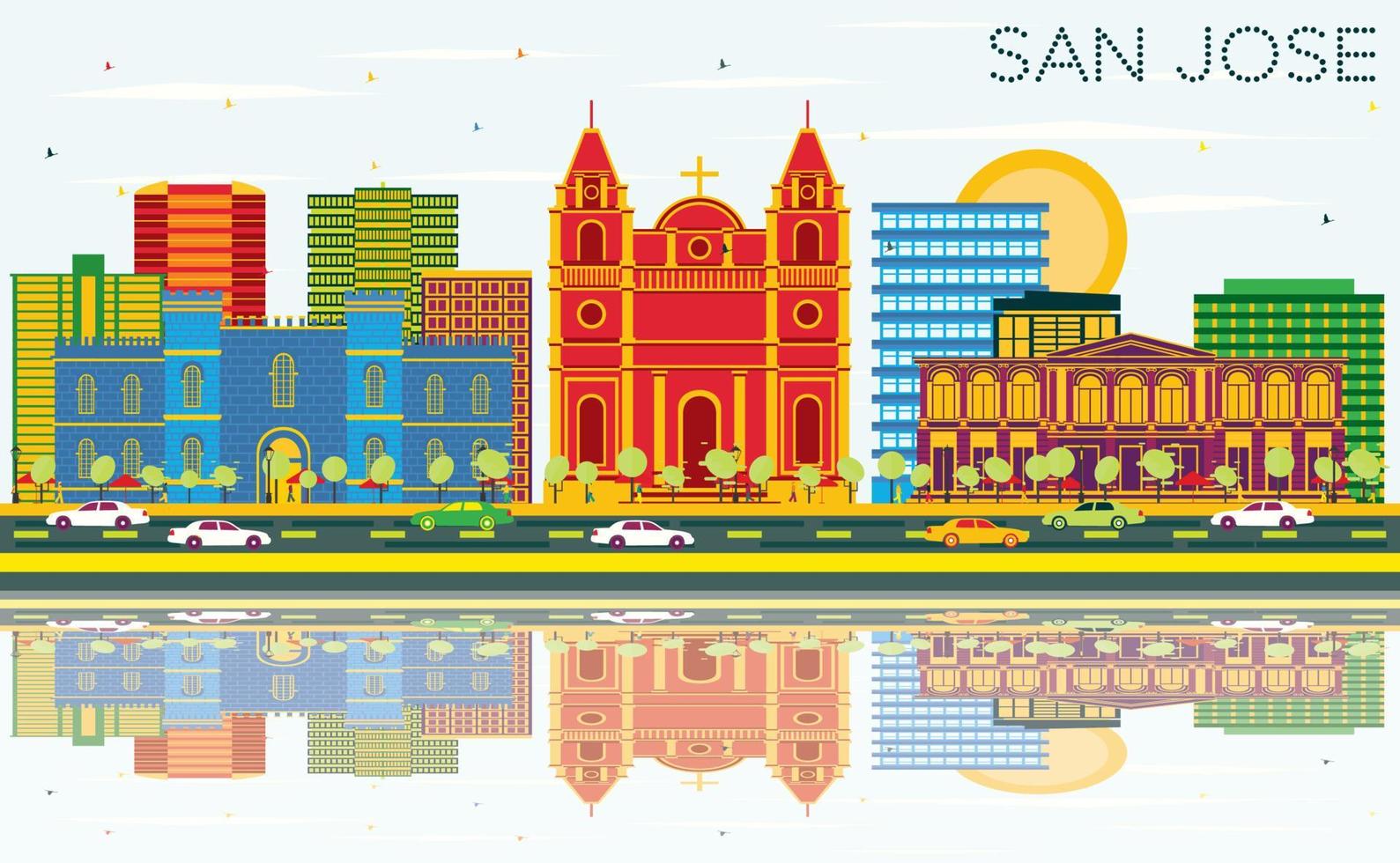 san Jose horizon met kleur gebouwen, blauw lucht en reflecties. vector