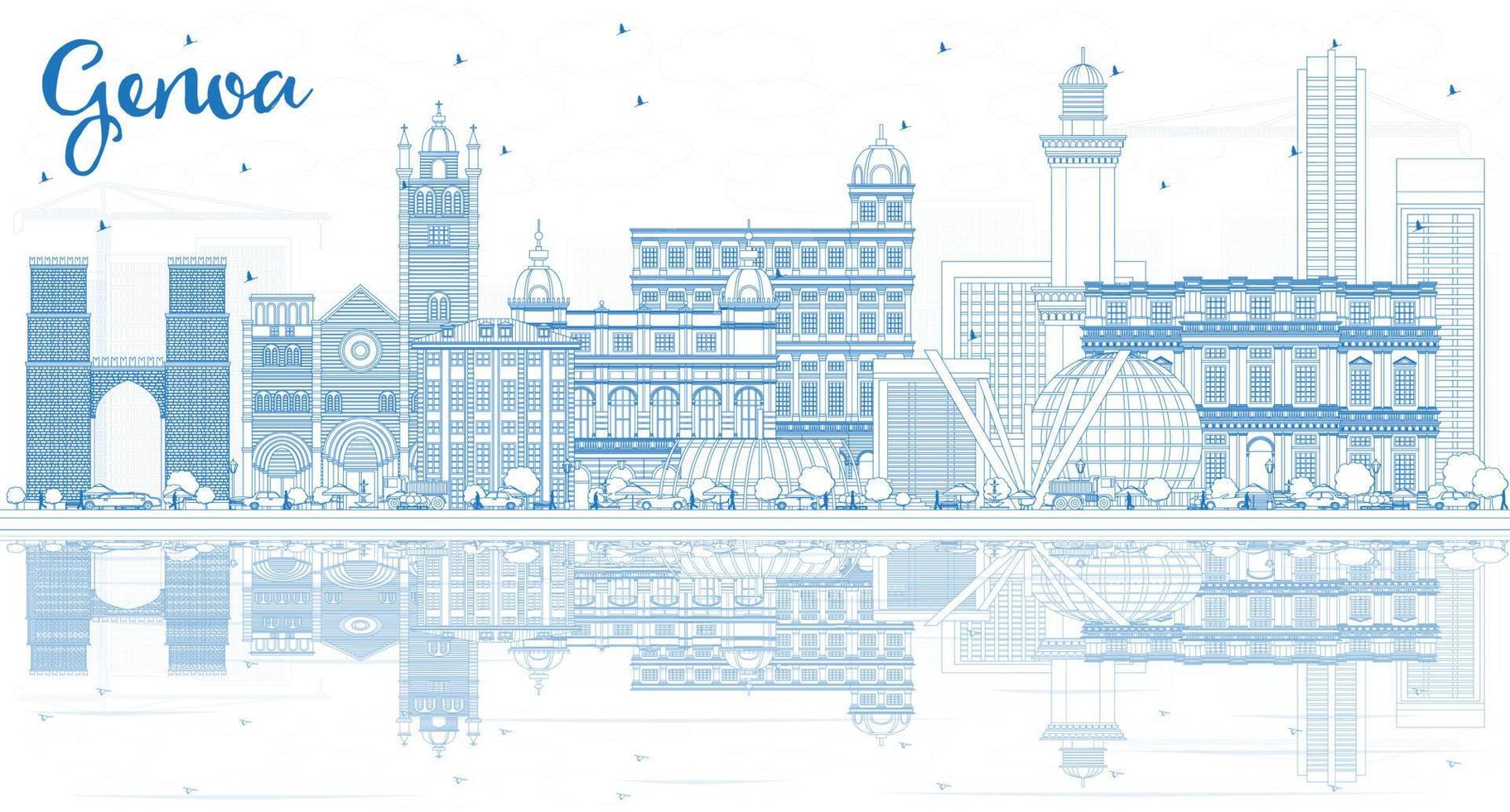 schets Genua Italië stad horizon met blauw gebouwen en reflecties. vector