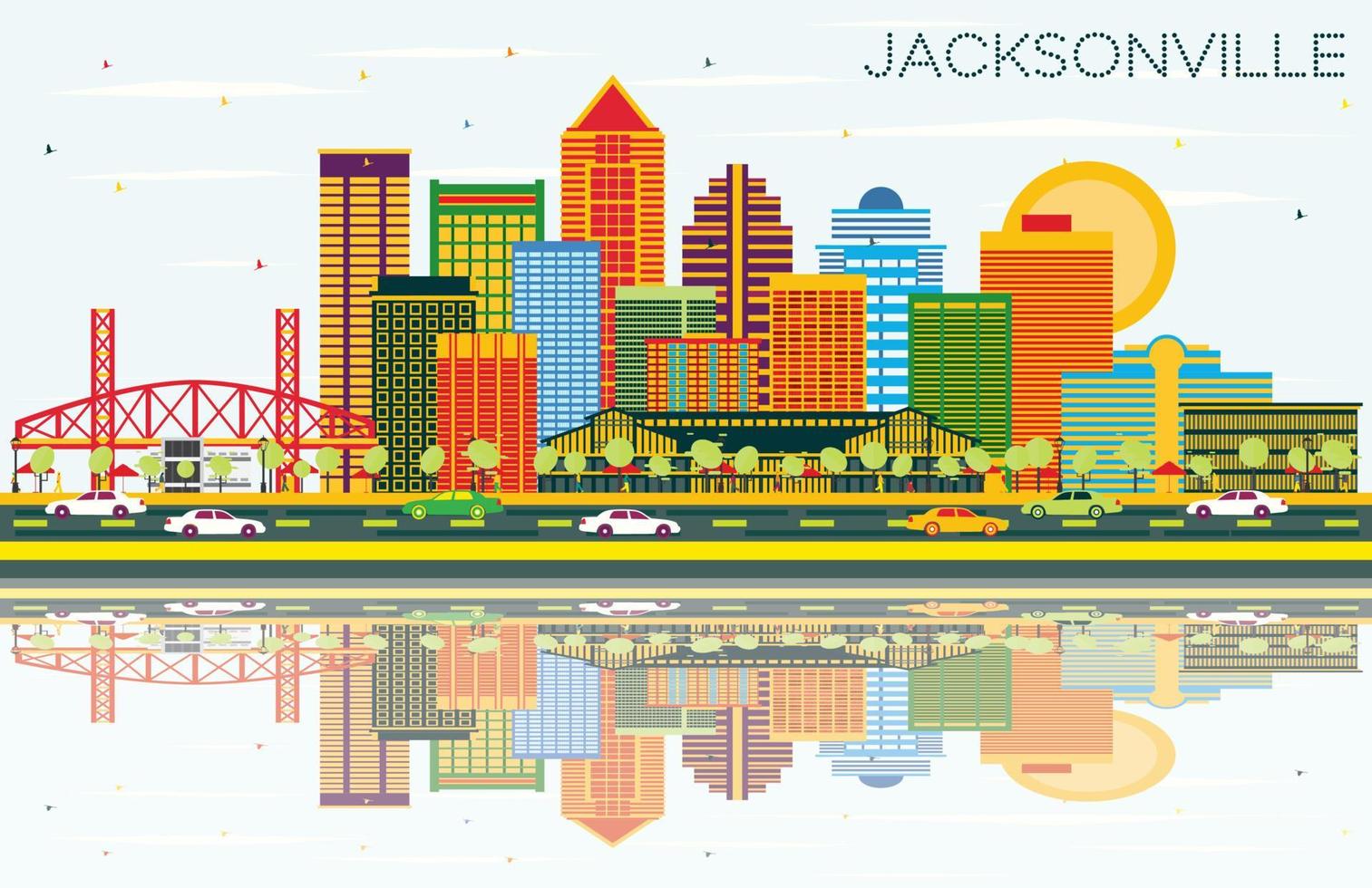 Jacksonville Florida horizon met kleur gebouwen, blauw lucht en reflecties. vector
