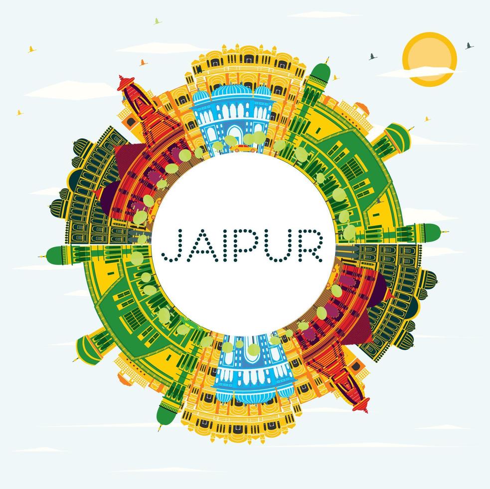 Jaipur Indië stad horizon met kleur gebouwen, blauw lucht en kopiëren ruimte. vector