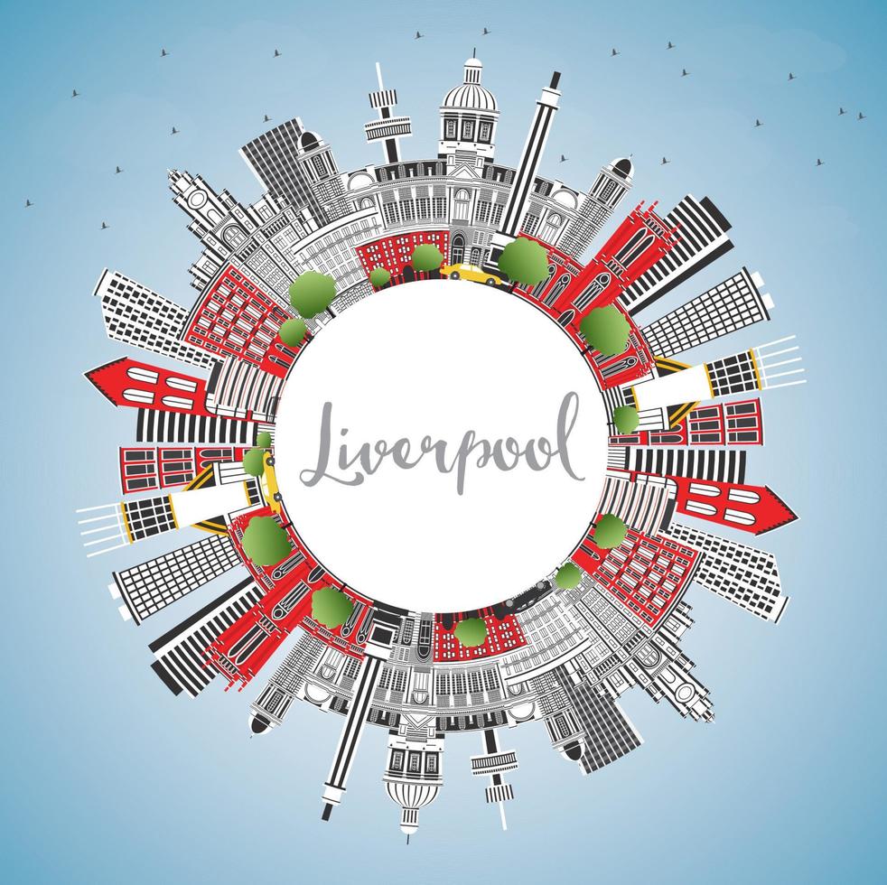 Liverpool Engeland stad horizon met kleur gebouwen, blauw lucht en kopiëren ruimte. vector