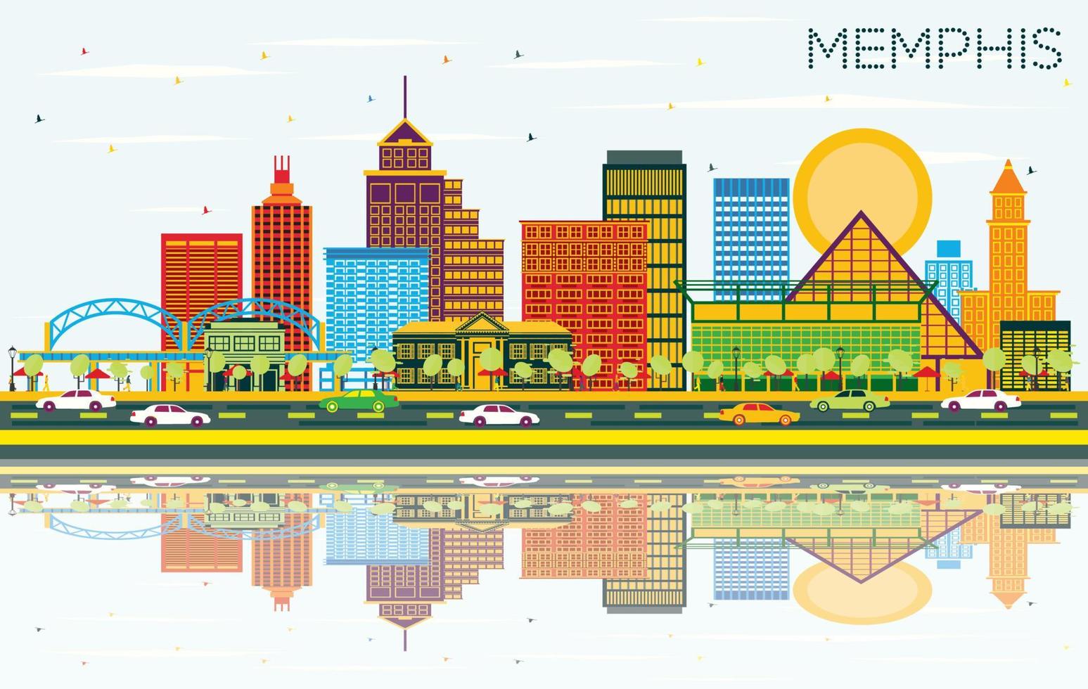Memphis Tennessee horizon met kleur gebouwen, blauw lucht en reflecties. vector