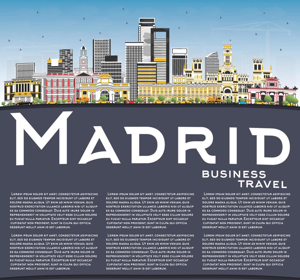 Madrid Spanje stad horizon met grijs gebouwen, blauw lucht en kopiëren ruimte. vector
