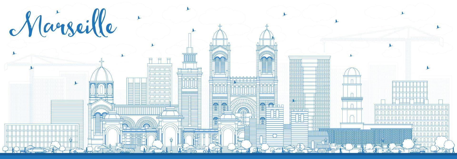 schets Marseille Frankrijk stad horizon met blauw gebouwen. vector