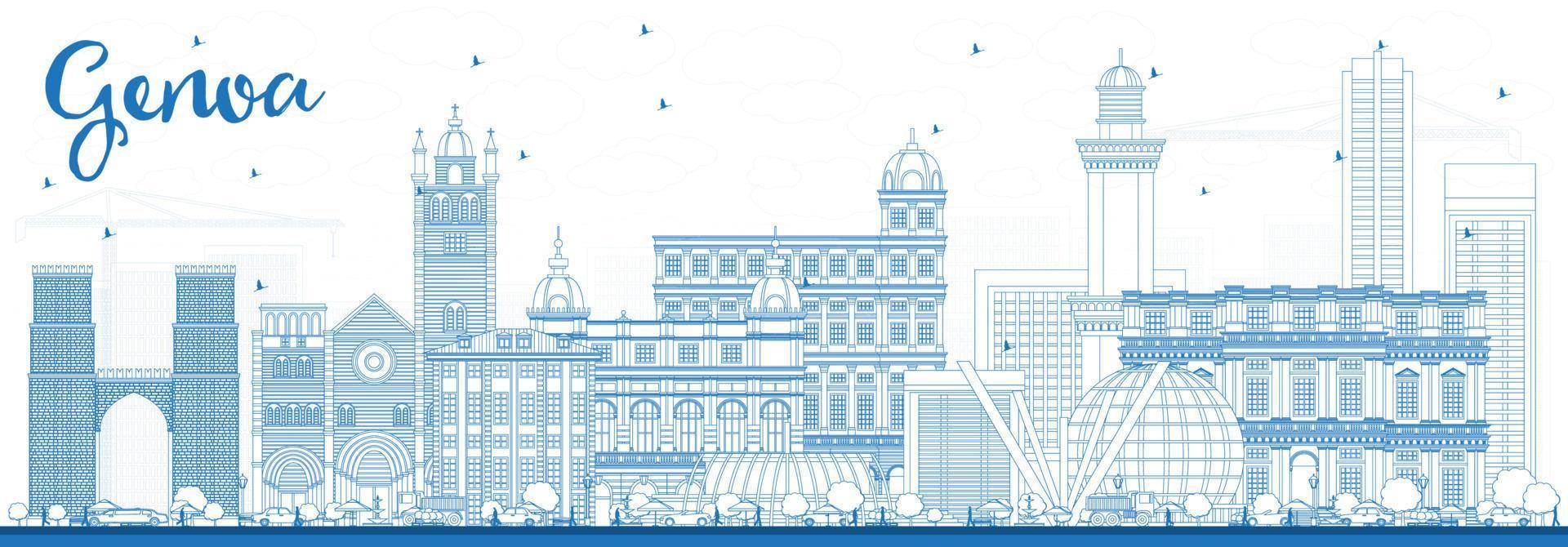 schets Genua Italië stad horizon met blauw gebouwen. vector