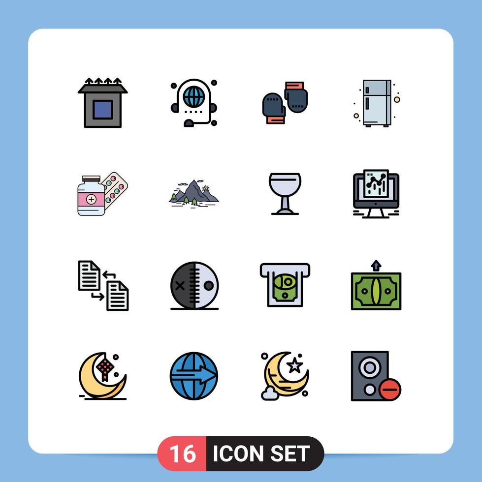 16 vlak kleur gevulde lijn concept voor websites mobiel en apps capsule geneeskunde boksen koelkast elektronisch apparaat bewerkbare creatief vector ontwerp elementen