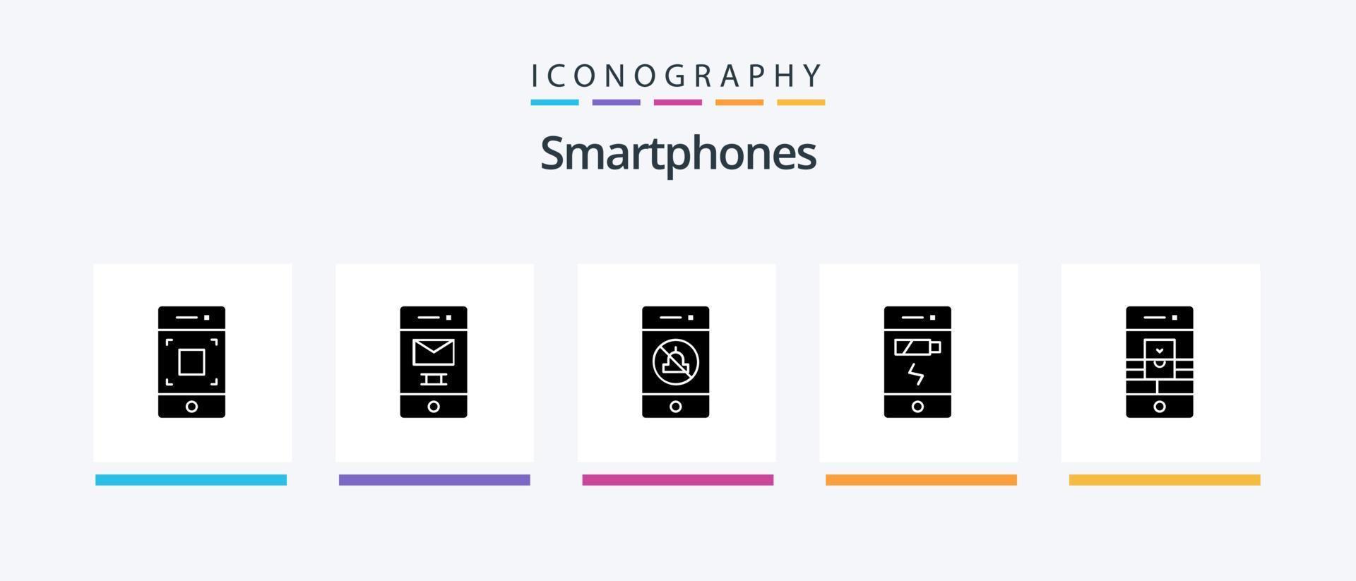 smartphones glyph 5 icoon pak inclusief communicatie. toestand. geluid. telefoon. accu. creatief pictogrammen ontwerp vector