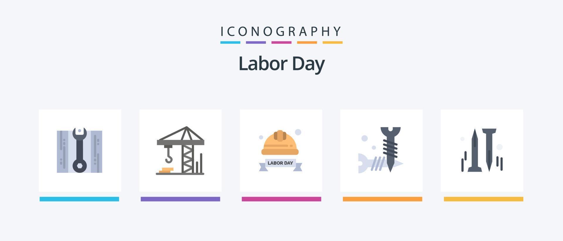 arbeid dag vlak 5 icoon pak inclusief hardware. nagel. moeilijk hoed. schroeven. doe-het-zelf. creatief pictogrammen ontwerp vector