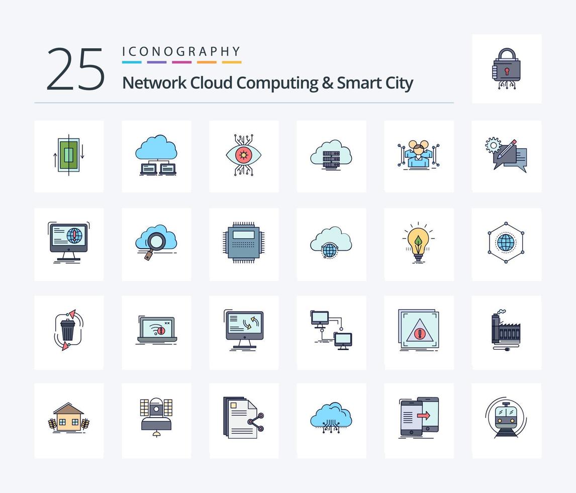 netwerk wolk berekenen en slim stad 25 lijn gevulde icoon pak inclusief opslag. oog. internetten. visie. toezicht houden vector