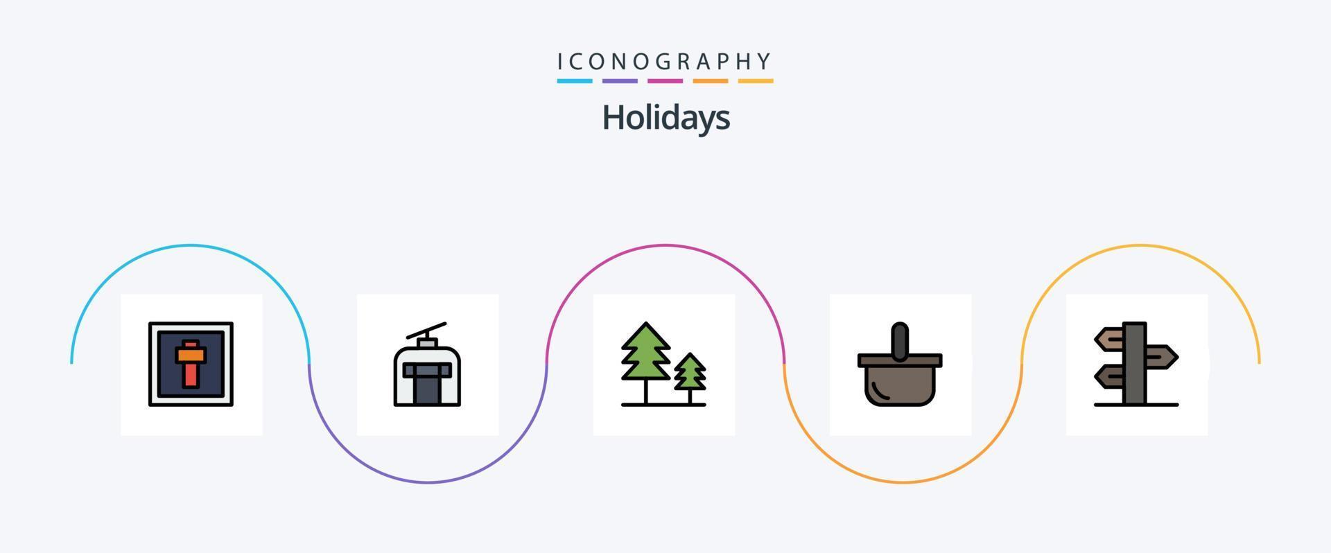 vakantie lijn gevulde vlak 5 icoon pak inclusief paneel. kerstmis. cipres. picknick. voedsel vector