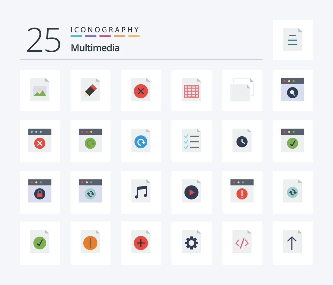 multimedia 25 vlak kleur icoon pak inclusief zoeken. app. het dossier. landschap. kopiëren vector