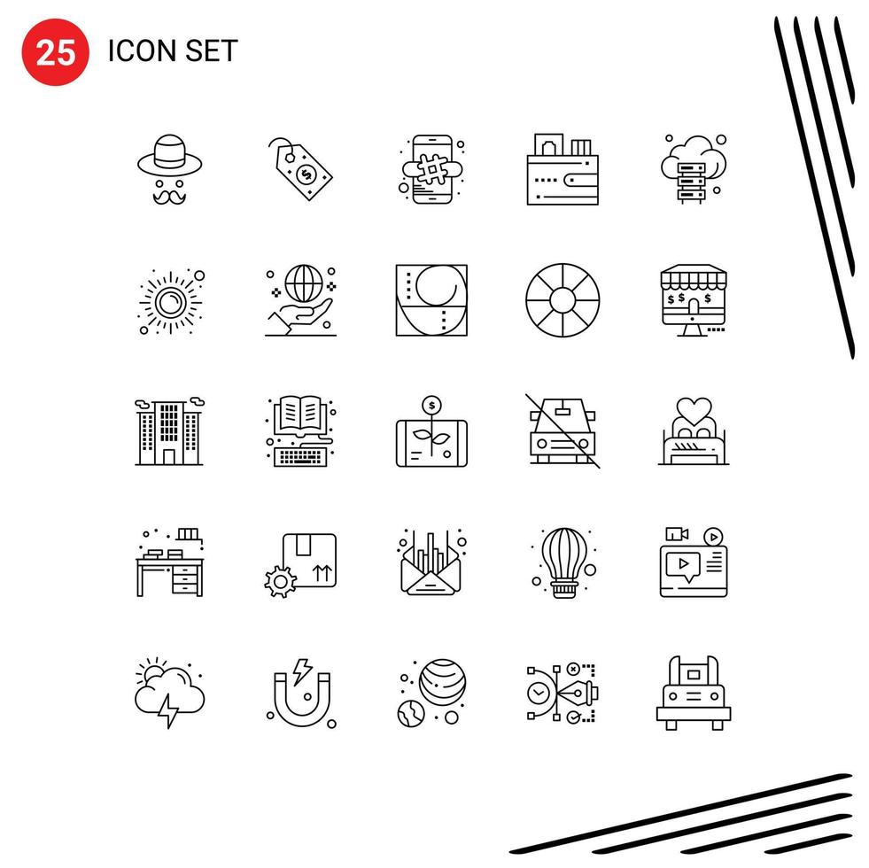 universeel icoon symbolen groep van 25 modern lijnen van server portemonnee hasj label geld kaart bewerkbare vector ontwerp elementen