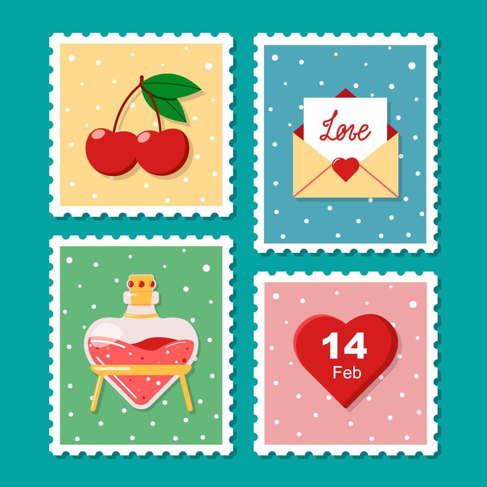 vector valentijnsdag postzegel set. liefde poststempel sjabloon. brief, kers, toverdrank 14 februari.